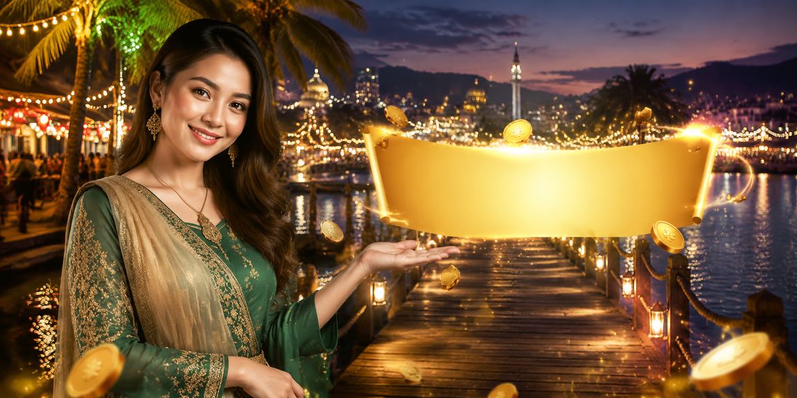 Suasana kasino hiburan Malaysia semasa perayaan Hari Raya dengan pencahayaan meriah dan meja permainan