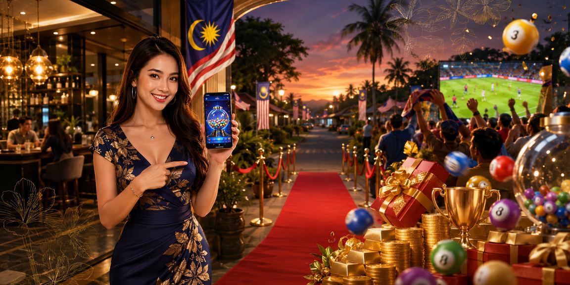 Suasana permainan loteri dan meja Malaysia dengan nuansa budaya tempatan yang meriah dan penuh warna